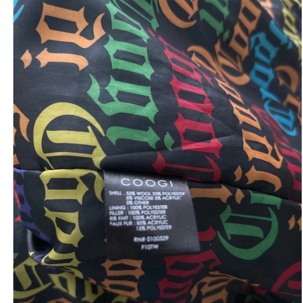 Coogi Black Wool‎ Blend Bomber Jacket Colorful Logo Lining Faux Fur Hood Mens 3X